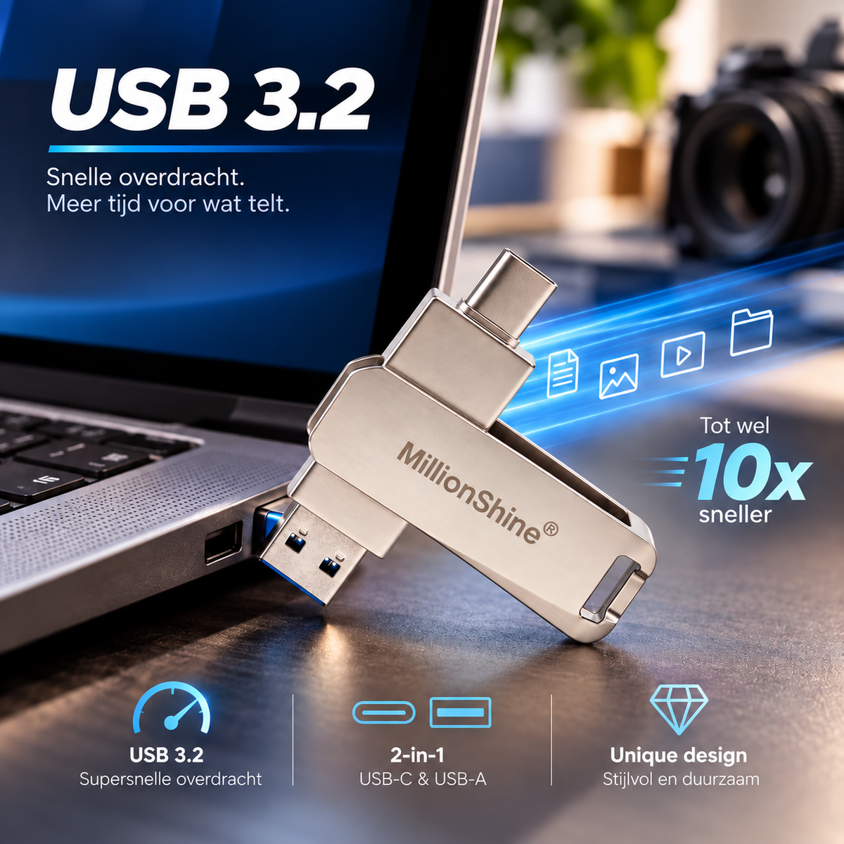 USB-C + USB-A Stick 3.2 Snelle Overdracht - Flex Design Zilver