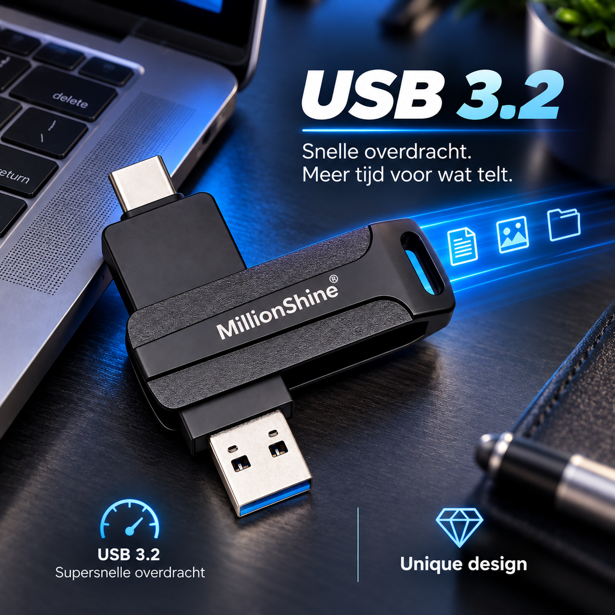 USB-C + USB-A Stick 3.2 Snelle Overdracht - Luxe Design Zwart