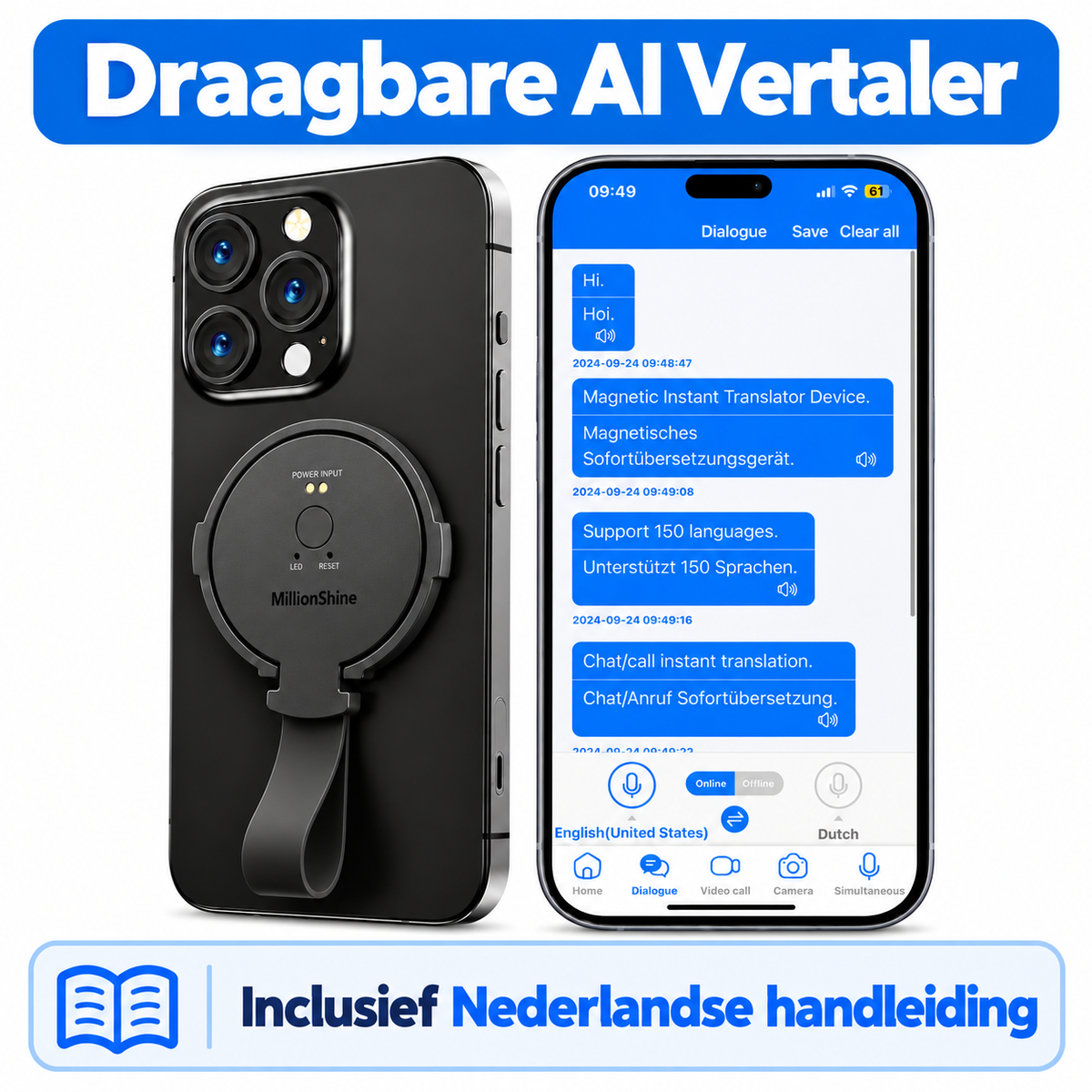 Draagbare AI Vertaler - 146 Talen - Foto-OCR - Spraakvertaler - Bluetooth 5.3 - Magnetisch
