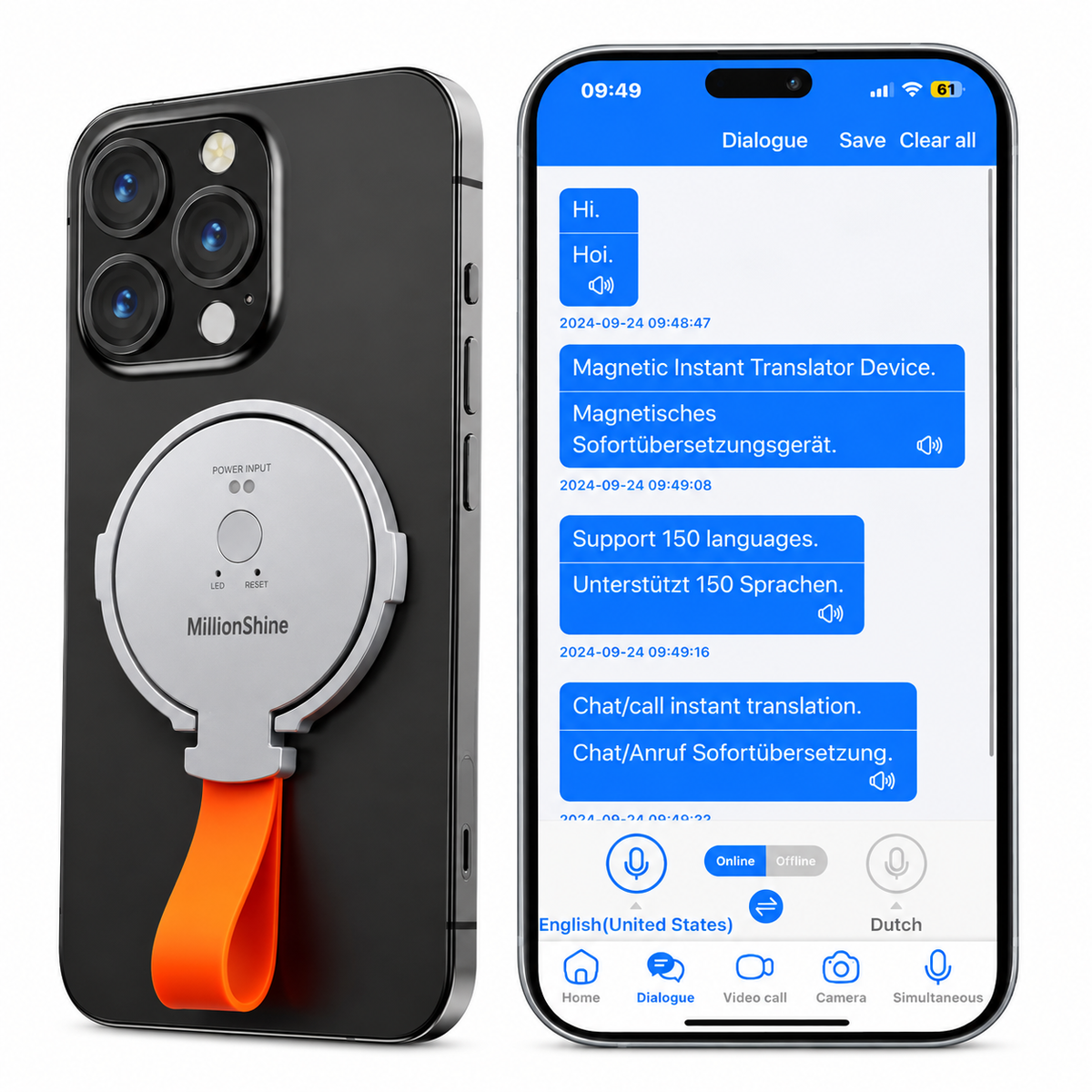 Draagbare AI Vertaler - 146 Talen - Foto-OCR - Spraakvertaler - Bluetooth 5.3 - Magnetisch