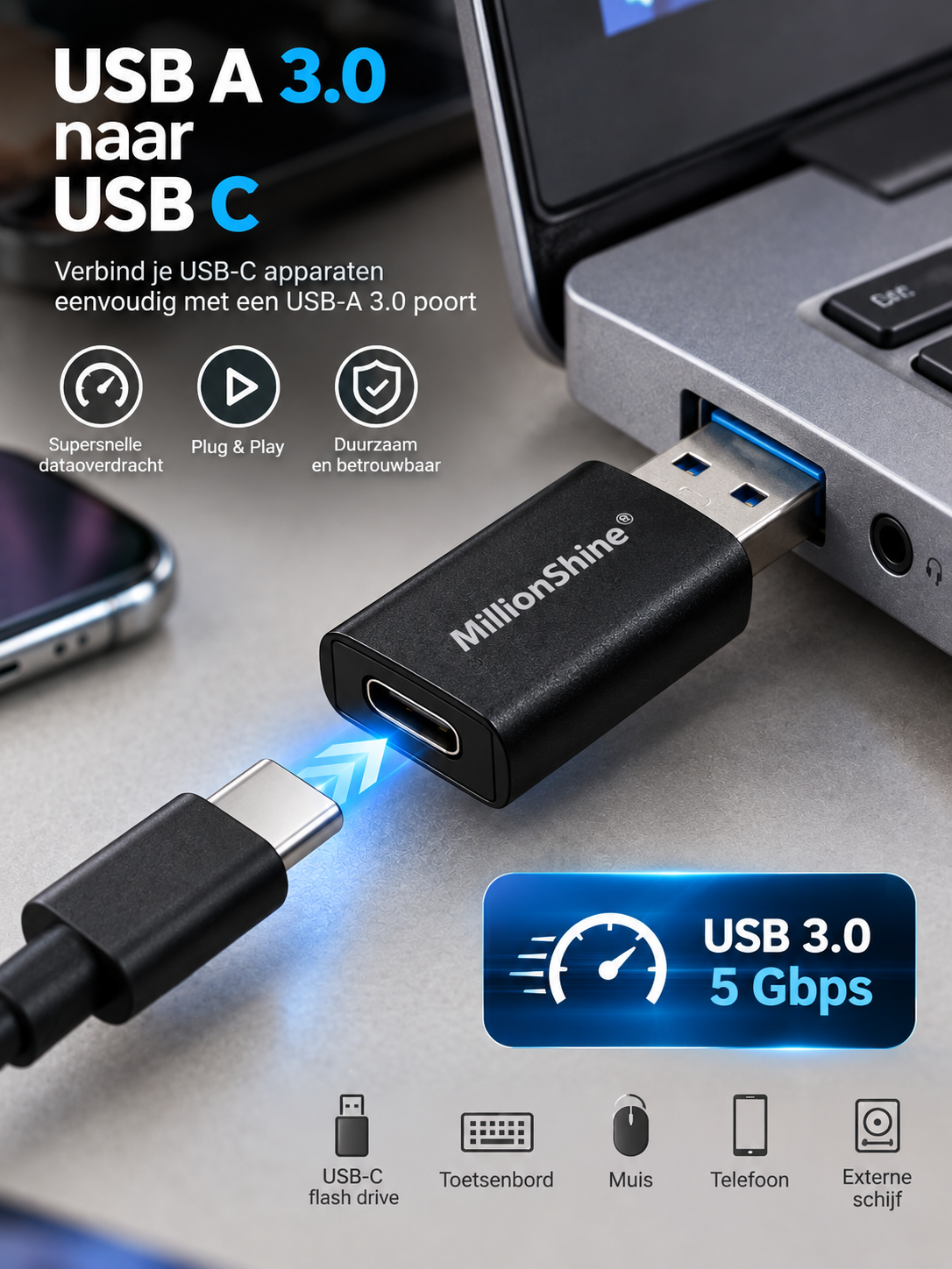 USB-A 3.0 naar USB-C Adapter – Snel & Betrouwbaar