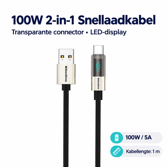 USB-A naar USB-C Snellaadkabel 100W - 1 Meter – Siliconen – Digitaal Led Display