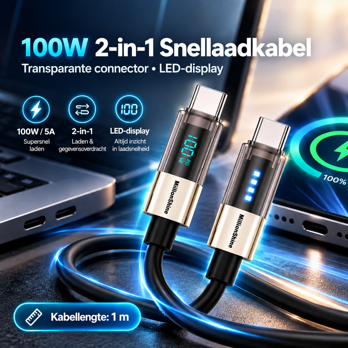 USB-C naar USB-C Snellaadkabel 100W - 1 Meter Siliconen kabel - Digitaal Led Display