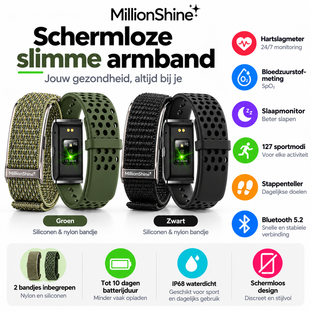 Schermloze Slimme Armband met Nylon en Siliconen - Activity Tracker - Sport Tracker - Stappenteller - Slaapmonitor - 127 Sportmodi