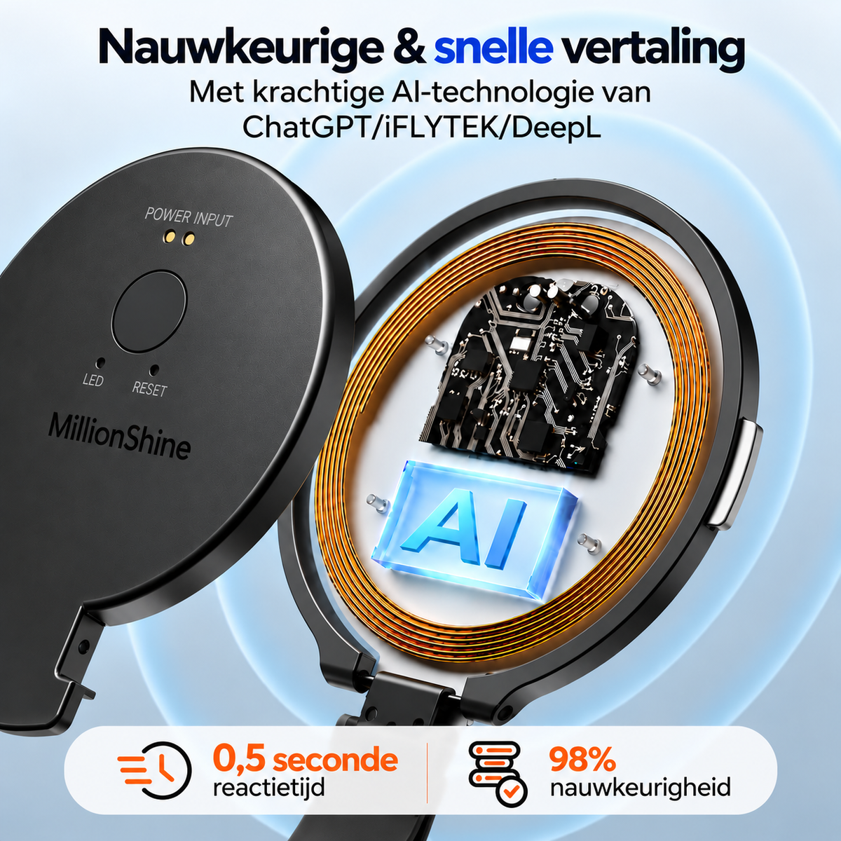 Draagbare AI Vertaler - 146 Talen - Foto-OCR - Spraakvertaler - Bluetooth 5.3 - Magnetisch